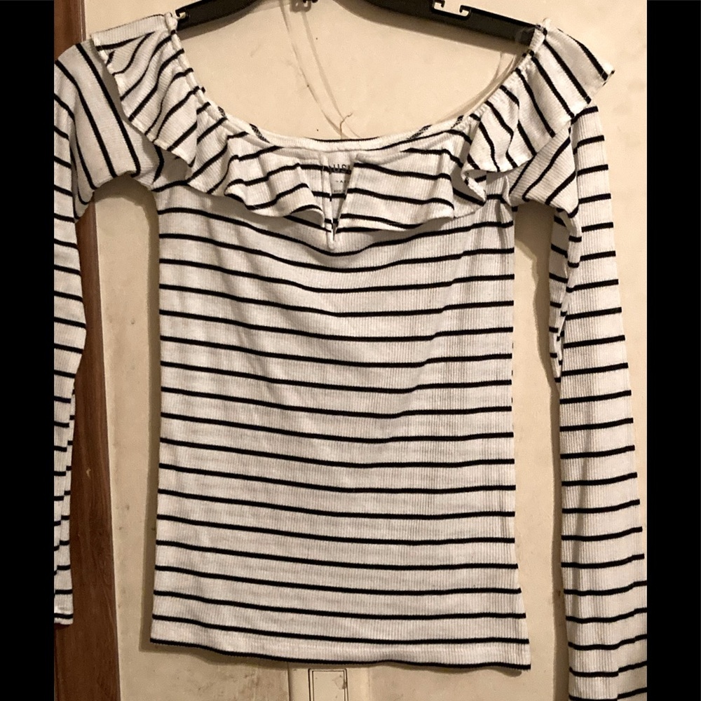 Black and white striped off the shoulder top